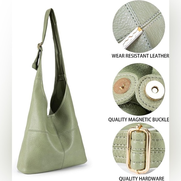 GREEN SUPER SOFT VEGAN LEATHER SHOULDER BAG AND COIN CLUTCH 2 PIECE SET - Picture 3 of 6